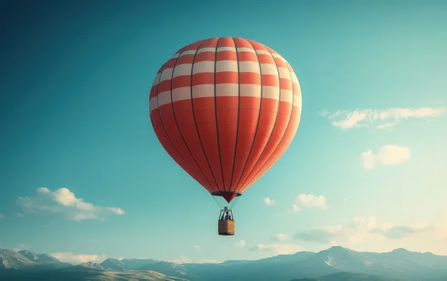 A colorful hot air balloon floats in a bright blue sky with clouds and distant mountains, perfect for travel and adventure themes.