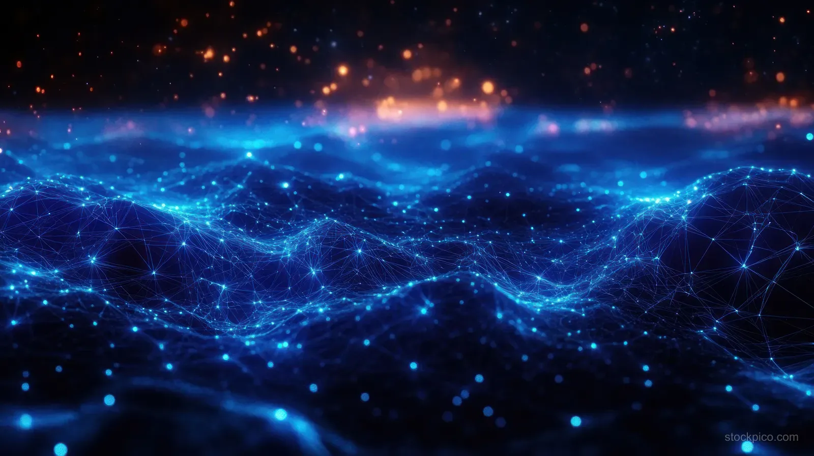 Glowing blue interconnected nodes and lines create wave-shaped data paths over a dark bokeh-filled digital background.