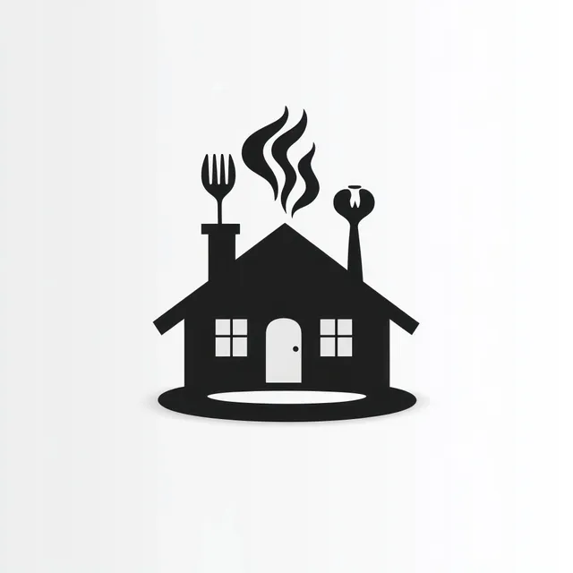 Black house silhouette icon with fork and spoon chimney and steam rising above the roof.