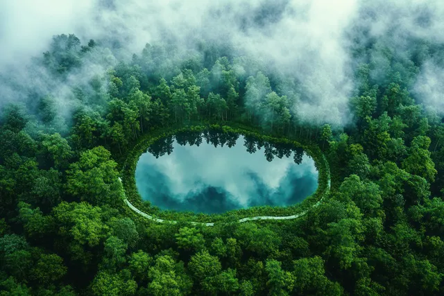 A pill-shaped turquoise lake in a dense green forest with mist rising around it.