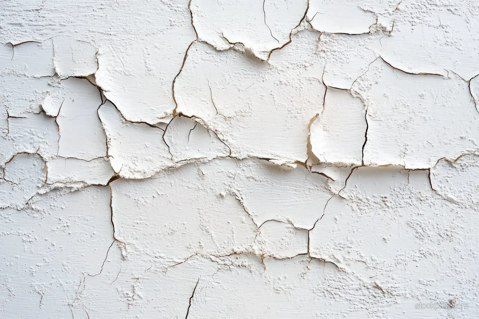 Cracked white peeling paint reveals weathered plaster layers on a wall surface.