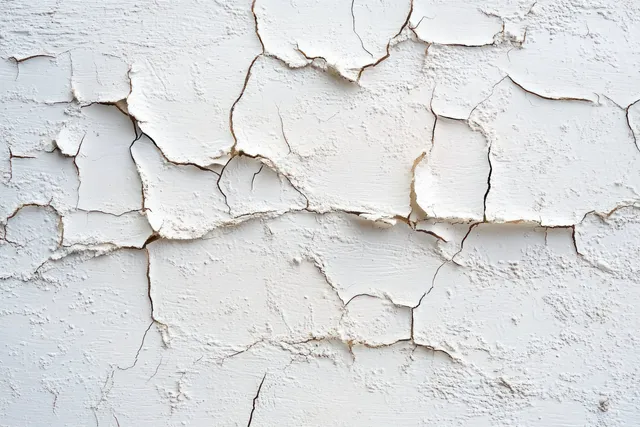 Cracked white peeling paint reveals weathered plaster layers on a wall surface.