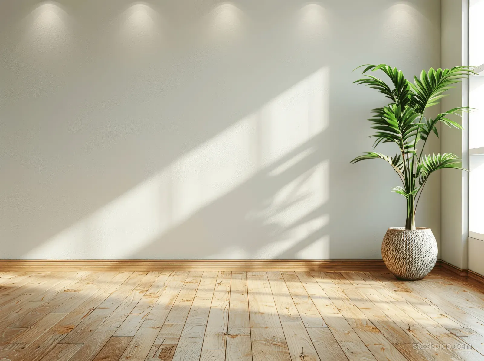 Sunlit minimalist room with warm wooden floor, blank white wall, and a potted plant by a window.