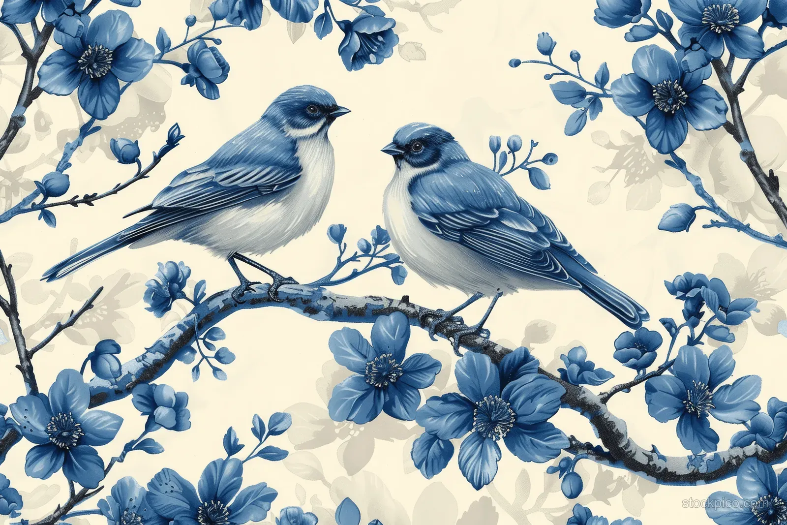 Blue birds sit on flowering branches over a vintage white toile de jouy background in a repeating pattern.