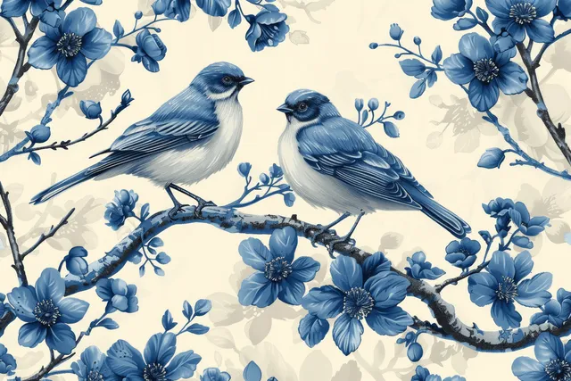 Blue birds sit on flowering branches over a vintage white toile de jouy background in a repeating pattern.