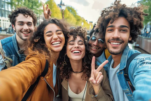Multiethnic friends laugh and pose for a selfie outdoors near a sunny river bridge promenade.