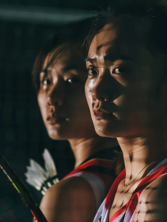 Malaysian women badminton players in doubles rally, racquets up and a shuttlecock visible mid-flight.