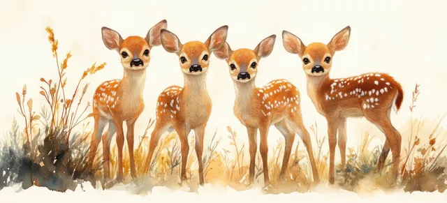 Watercolor fawns in a warm woodland clearing, standing together with soft sunrise light