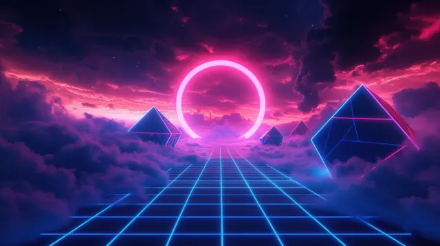 Neon cyberpunk horizon with glowing grid, geometric prisms, and circular light ring in dusk clouds