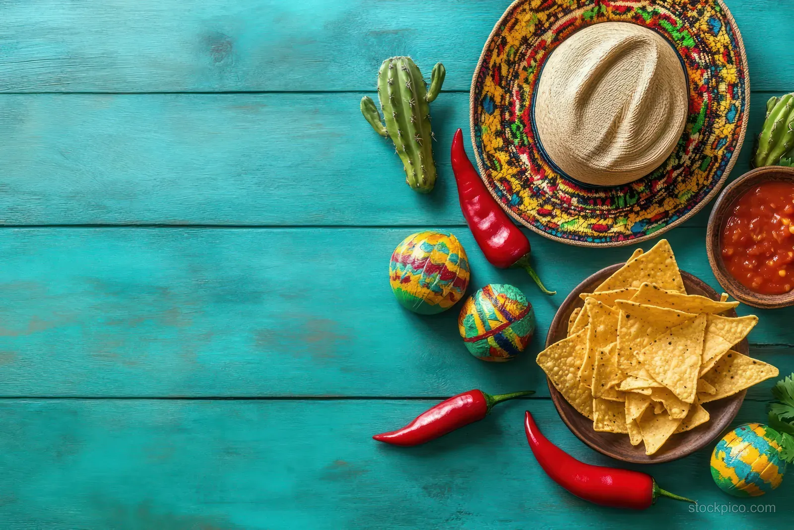 Mexican fiesta props with a sombrero, cactus, nachos, and chili peppers on a turquoise wooden table.