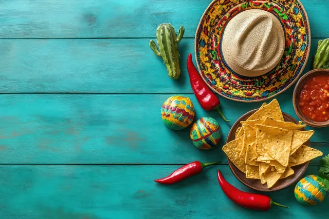 Cinco de Mayo Fiesta Props on Turquoise Wooden Table