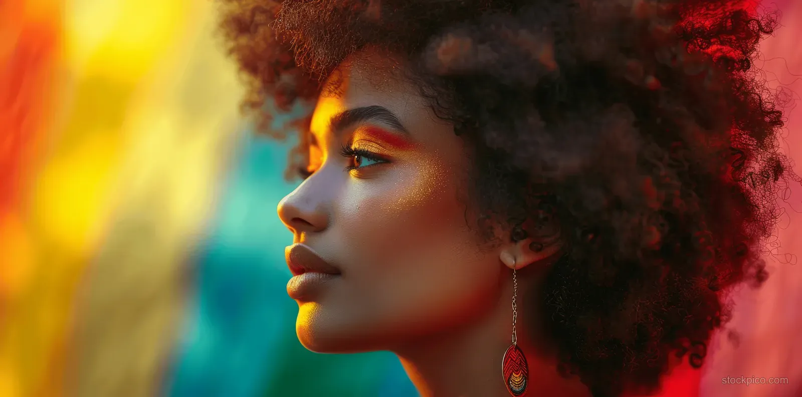 Black woman with afro hair shown in side profile against a vibrant red, yellow, and blue background.