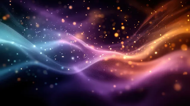 Glowing multicolored light particles swirl into cosmic waveforms across a dark space background.