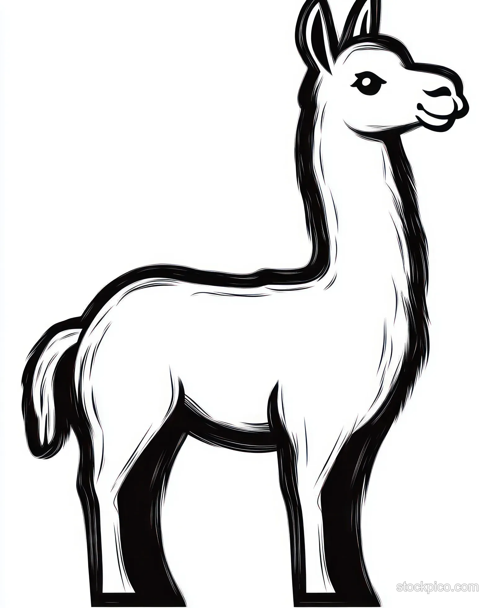 A black-and-white stylized llama stands in profile with raised ears, alert eyes, and a curled tail.