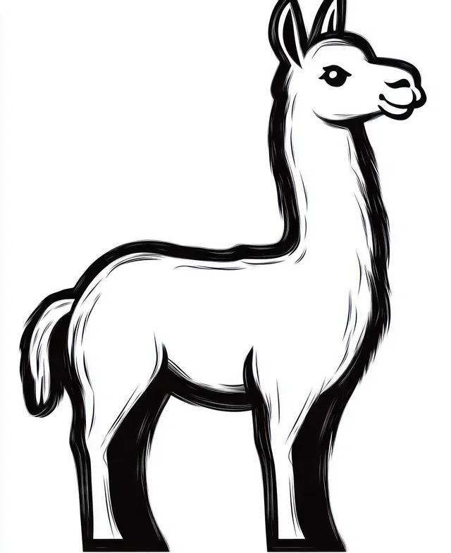 A black-and-white stylized llama stands in profile with raised ears, alert eyes, and a curled tail.