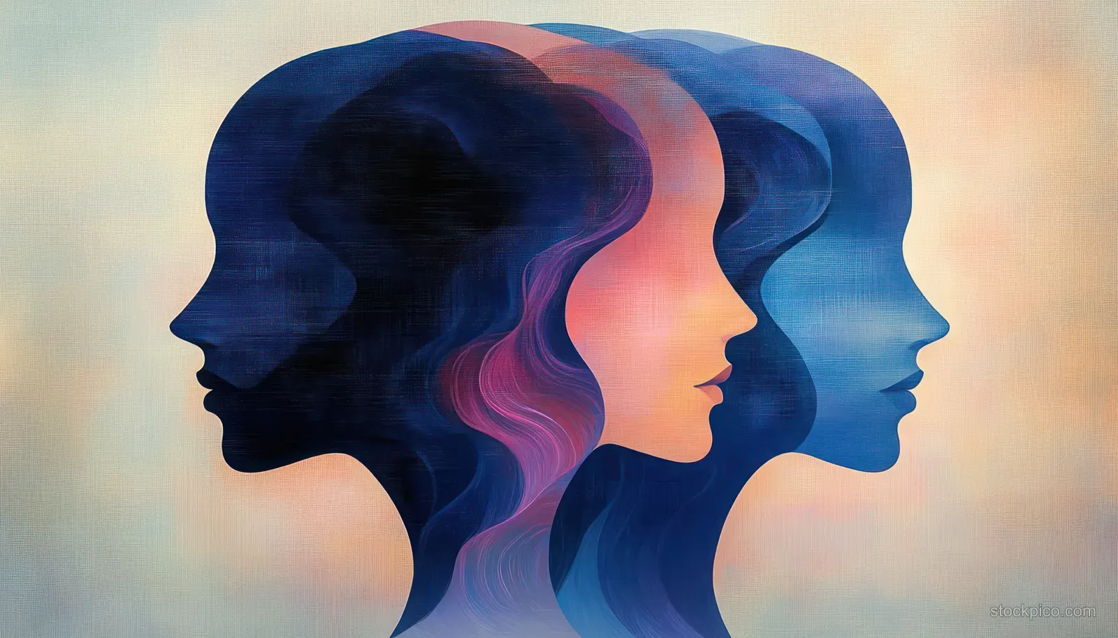 Three overlapping female side profiles in blue and pink abstract paint layers on a soft gradient background.