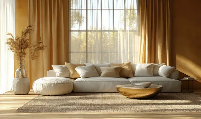 A modern cozy living room with a plush sectional sofa, stylish coffee table, and warm ambient lighting.