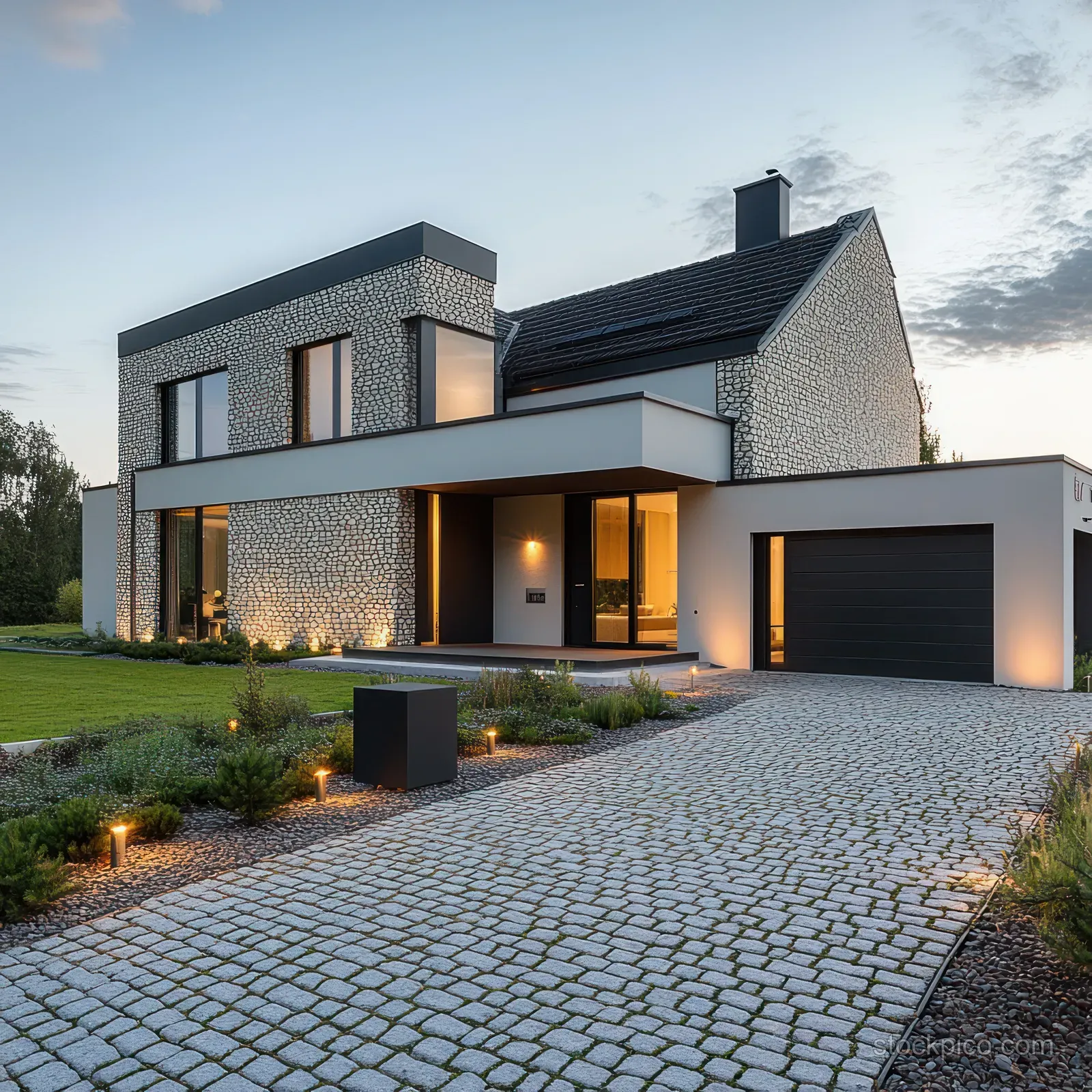 Modern two-story house at dusk with geometric facade, cobblestone driveway, and warm lights by the garage entrance.