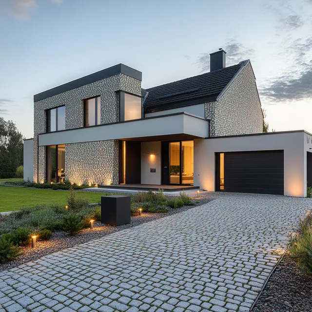 Modern geometric house exterior at dusk with stone driveway and warm entry lights