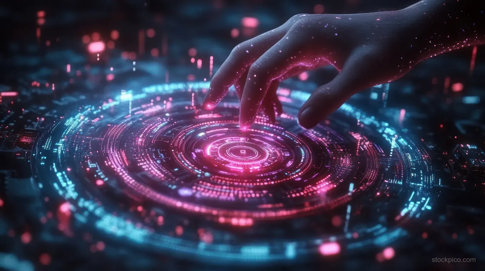 A hand touches a glowing circular holographic interface with neon blue and pink light rings in a dark tech scene.
