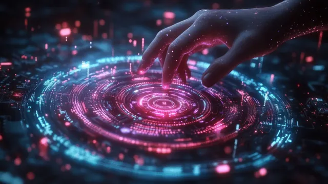 A hand touches a glowing circular holographic interface with neon blue and pink light rings in a dark tech scene.