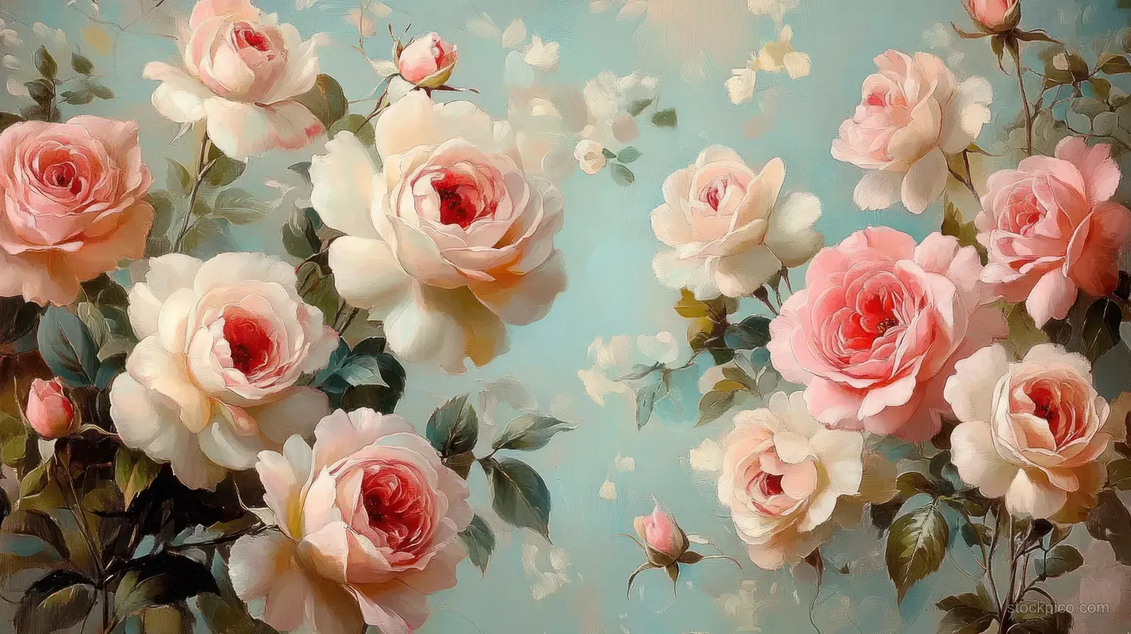 Pink and white rose blossoms with green leaves bloom against a soft pastel blue background.