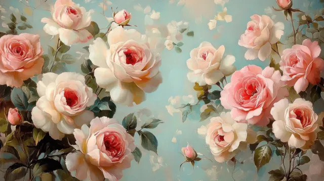 Pink and white rose blossoms with green leaves bloom against a soft pastel blue background.