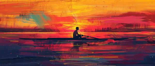 Silueta de un remero en un bote individual deslizándose por un río al atardecer con coloridas estelas de movimiento.