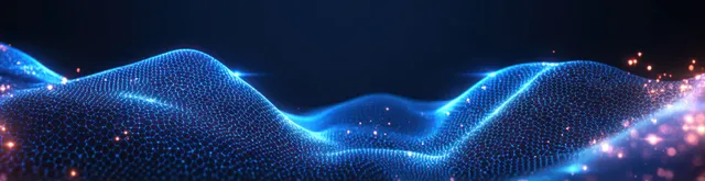 Glowing blue hexagonal wave grid with orange particle sparks on a dark digital surface