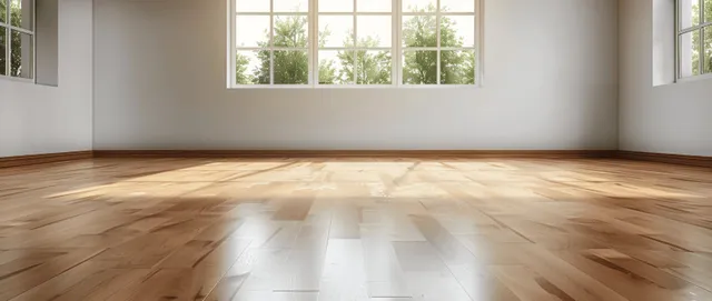 Empty minimalist room with light parquet floor and blank white walls near large window
