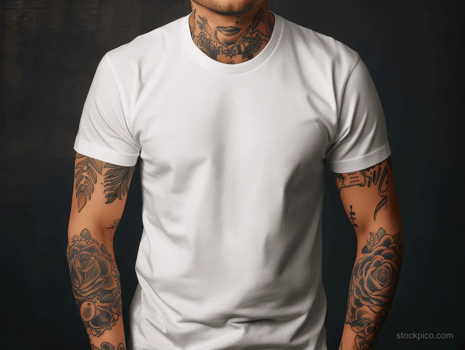A man wearing a white shirt displays neck tattoos and full sleeve body art against a dark background.