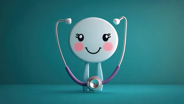 A smiling stethoscope with pink cheeks stands on a teal background.