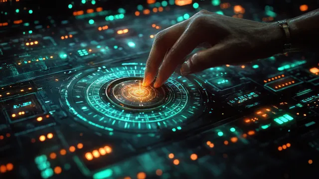 Hand turning a glowing risk control dial on a financial system panel at night