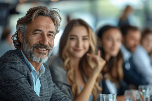 Middle-aged manager smiles and listens during executive team meeting in open office