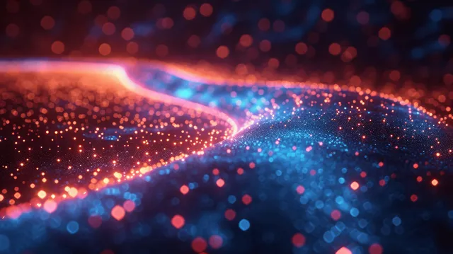Glowing cyber data stream weaving through blue-red bokeh with optic fiber light trails