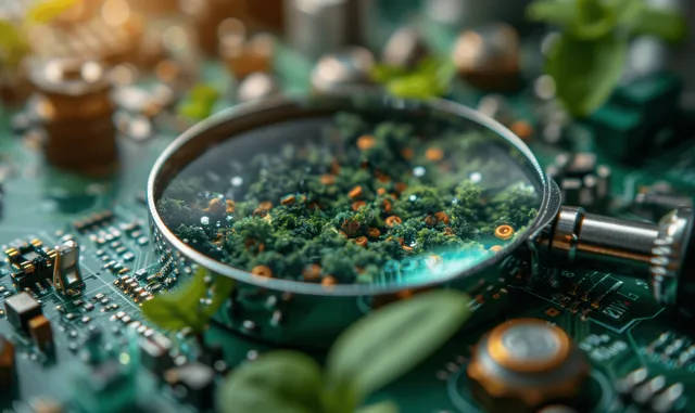 Magnifying glass highlights a green microcircuit board with tiny leaves and electronic components.