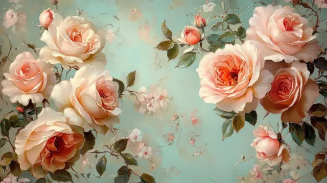 Peach and pink roses bloom on a pastel blue background with scattered petals and green leaves.