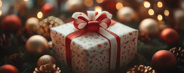 Christmas gift box with red ribbon on dark festive backdrop with golden ornaments