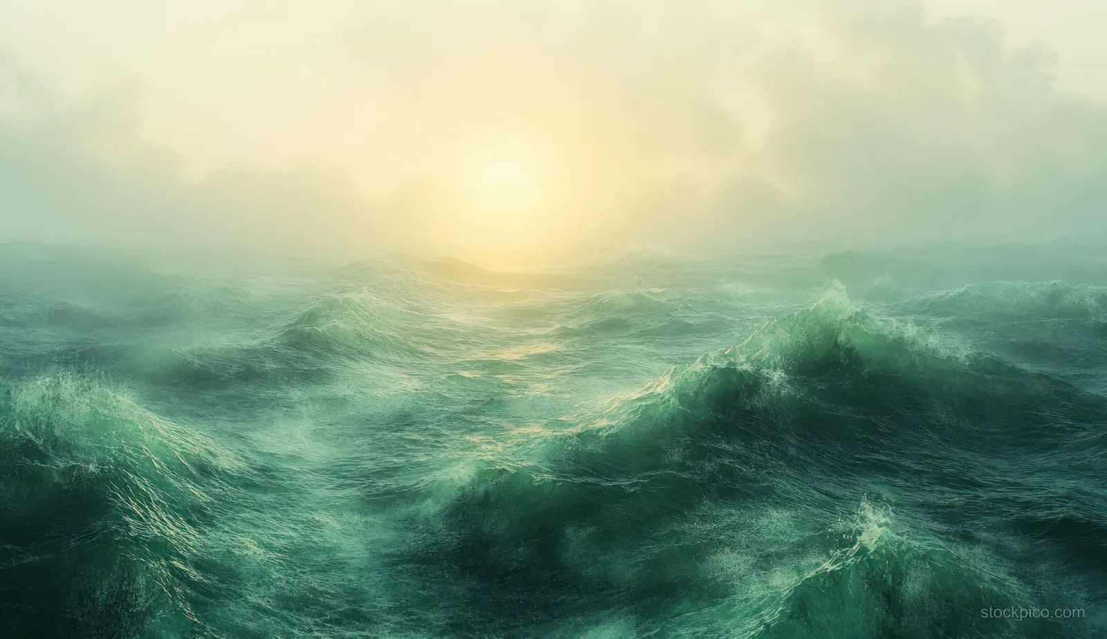 Green abstract blurred ocean waves with a soft sunrise glow in the background.