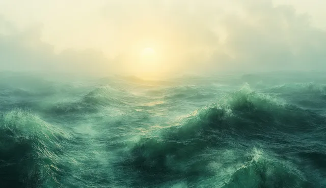 Green abstract blurred ocean waves with a soft sunrise glow in the background.