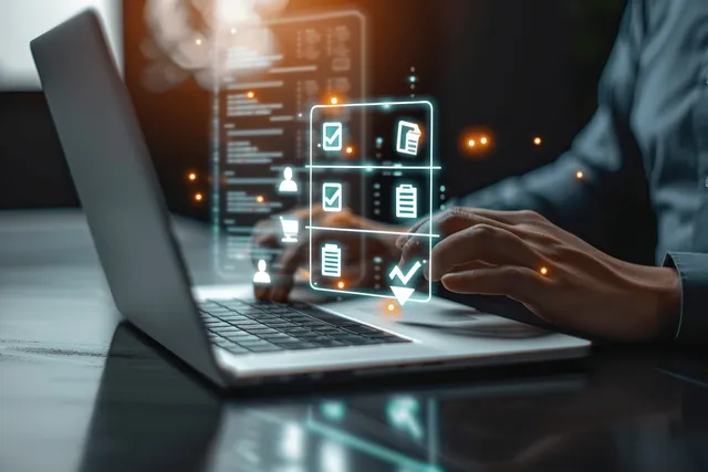 Businessman taps a digital compliance checklist on a laptop screen with glowing document icons.