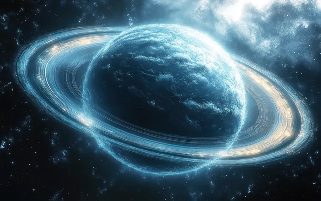 Deep blue planet in space surrounded by bright rings and swirling cloud textures.
