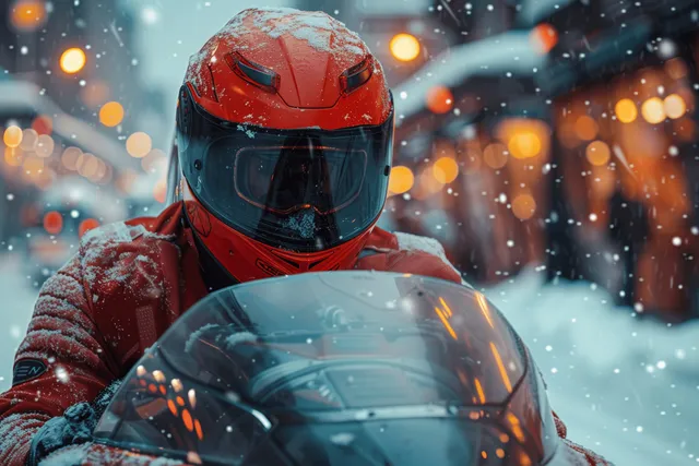 Bobsleigh pilot in red helmet accelerating at night, cinematic sparks and falling snow