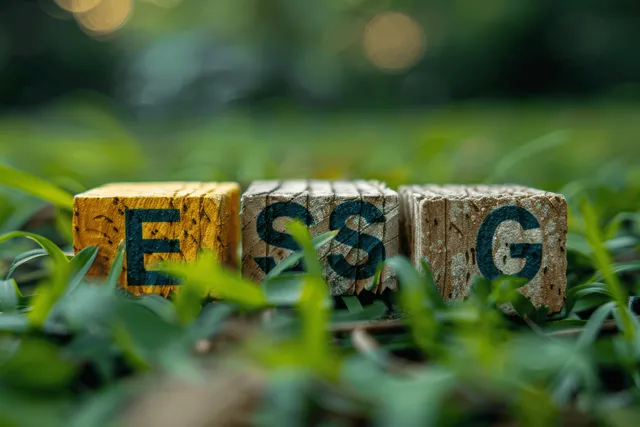 Green wooden blocks spelling ESG on grass with soft forest bokeh