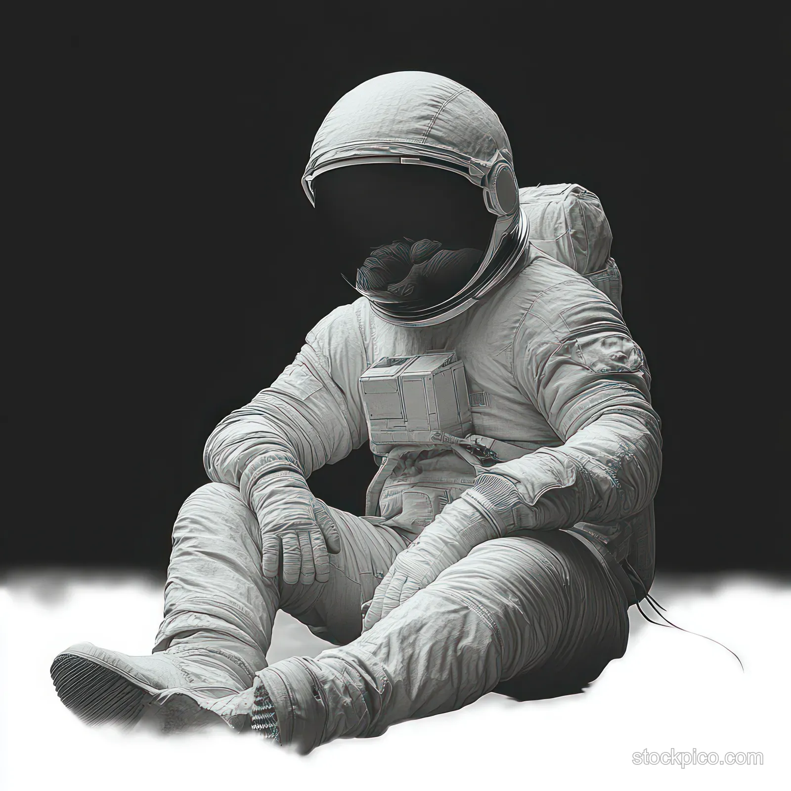 A lone astronaut sits on the ground in a spacesuit against a black background.