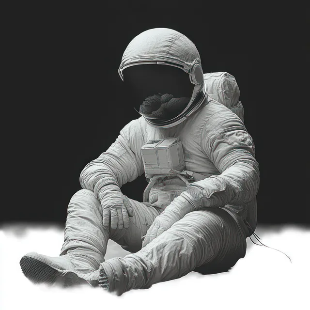 A lone astronaut sits on the ground in a spacesuit against a black background.