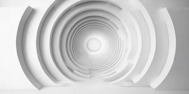 A white circular tunnel with concentric curved walls creates a spiral perspective toward bright light at the center.