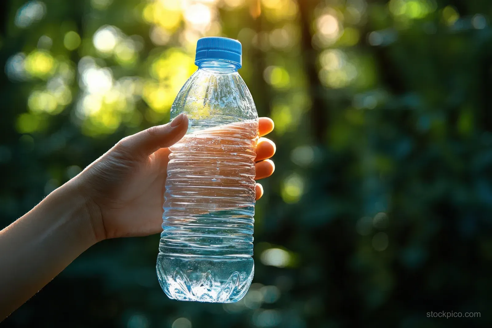 A hand holds a clear water bottle with a blue cap against sunlit green foliage blur.