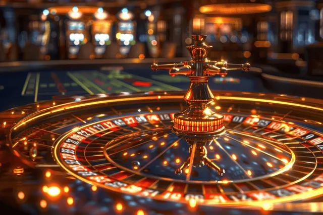 Glowing roulette wheel spins under golden casino lights with blurred city nightlife behind