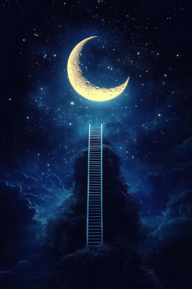 A ladder rises through a starry night sky toward a glowing moon above dark blue clouds.